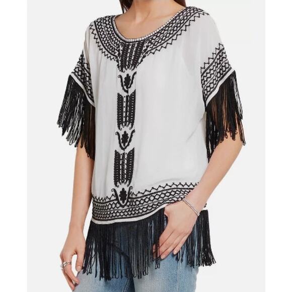 Alice + Olivia Womens Natalie Silk Ivory‎ Black Fringe Blouse Embroidered Fringe - Picture 1 of 12